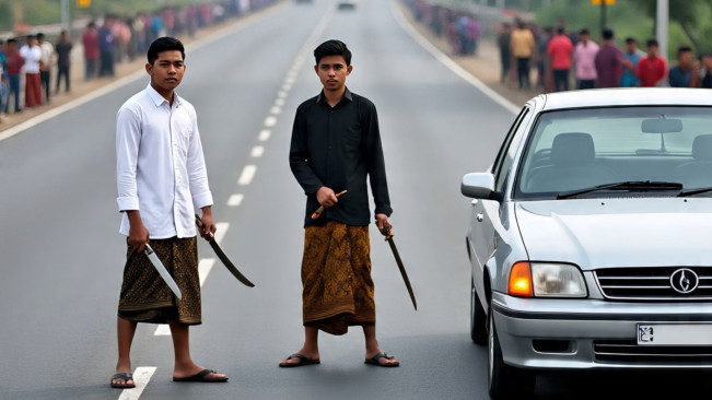 Ilustrasi pria bersenjata menghadang kendaraan di jalan raya. (Meta AI)